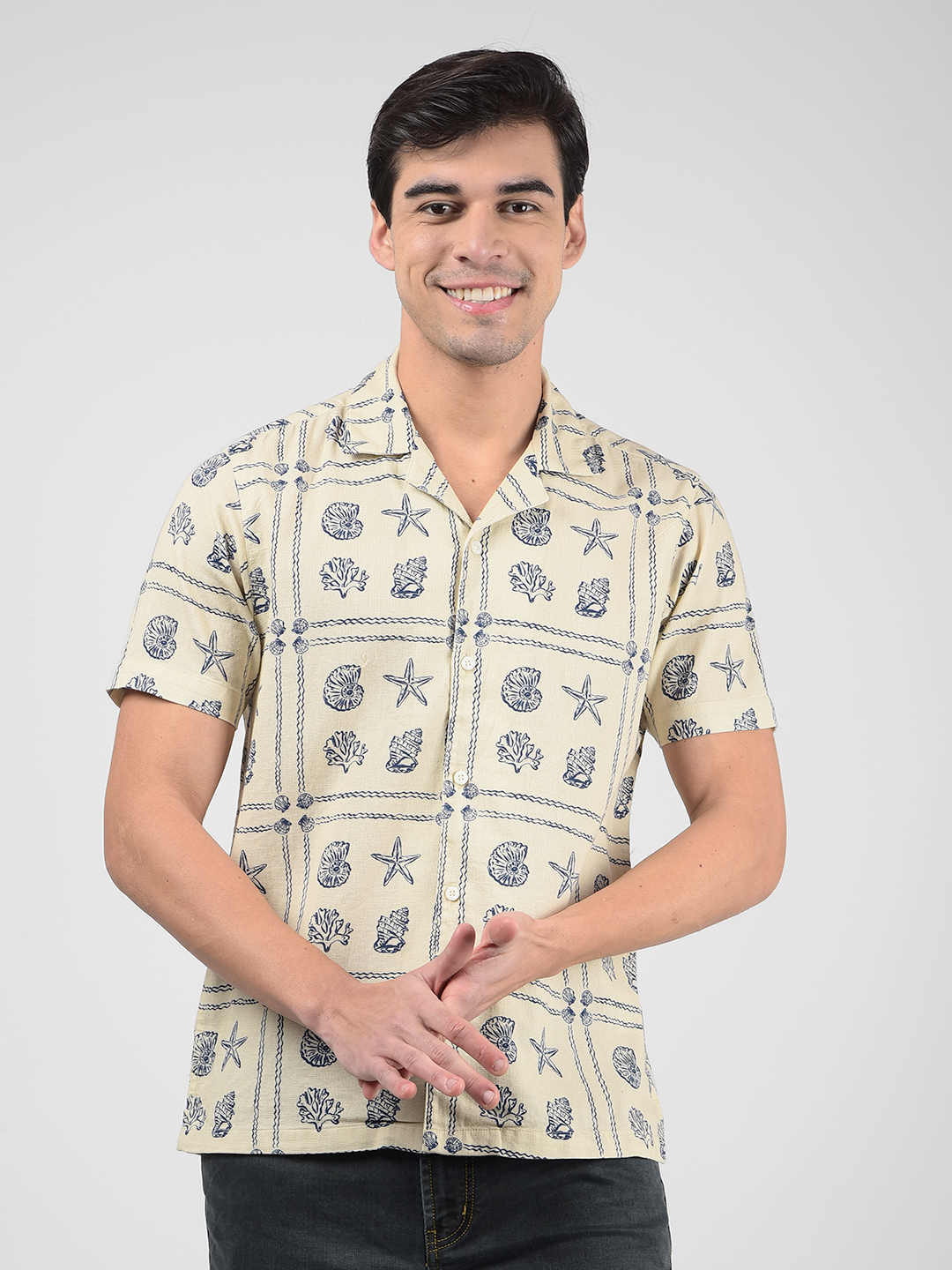 Numero Uno Men Abstract Beige Shirt